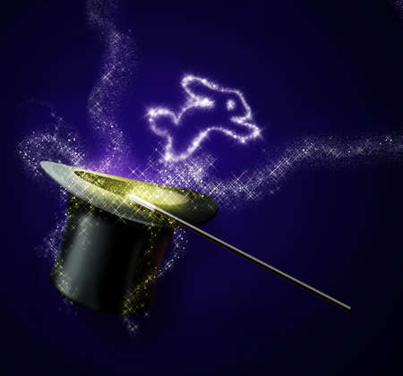 light rabbit jump out from magic black hat  and magic wand isolated on purple blackgroundの写真素材