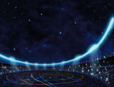 sport place site stadium with color lines above in blue stars space backgroundの写真素材