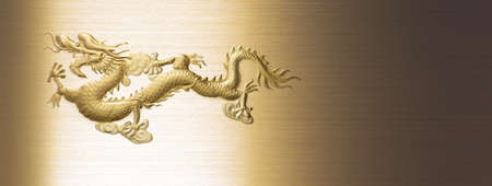 a chinese gold dragon on golden metal and iron textures backgroundの写真素材