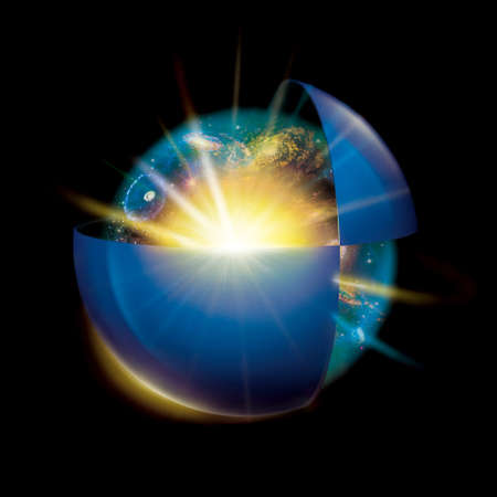 universe space in a transparent ball and in a half blue ball isolated on black backgroundの写真素材