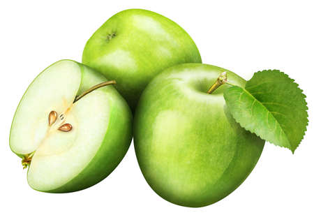 juicy green apple with leaf on white background , fruitsの写真素材