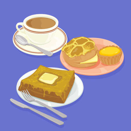 A illustration of Hong Kong style food set.Teatime ( Pineapple bun, egg tart, french toast, hot milk tea ) の写真素材