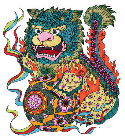 illustration of traditional Chinese Pattern and Drawing "Lion with silk balls" Wの写真素材