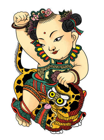 illustration of traditional Chinese Pattern and Drawing "Children with lion '' Wの写真素材