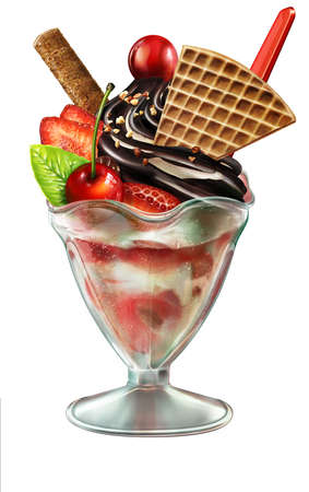 A illustration of ice-cream sundae with berries, jam and chocolate, summer food illustrations isolated on white Hの写真素材