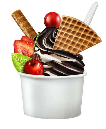 A illustration of ice-cream sundae with berries, jam and chocolate, summer food illustrations isolated on white Hの写真素材