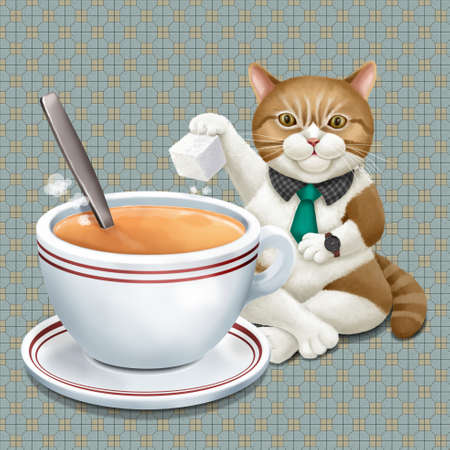 Illustration of Hong Kong-style hot milk tea with catの写真素材
