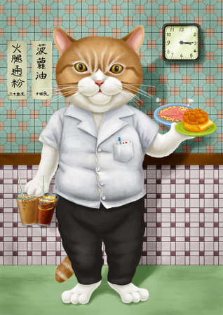 Illustration of Hong Kong-style restaurants waiter (menu on wall: Macaroni with ham and pineapple bun with butter)の写真素材