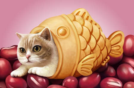 A illustration of Cat in Fish-shaped breadの写真素材
