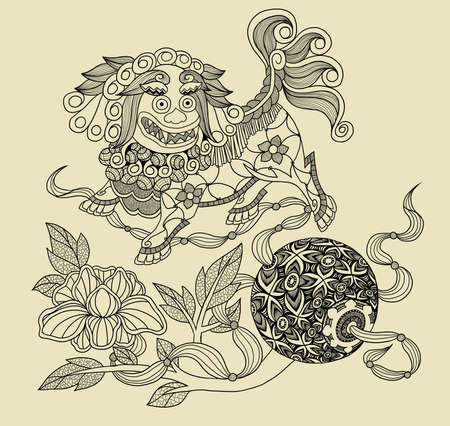 Llustration of traditional Chinese Pattern and Drawing "Lion with silk balls"の写真素材