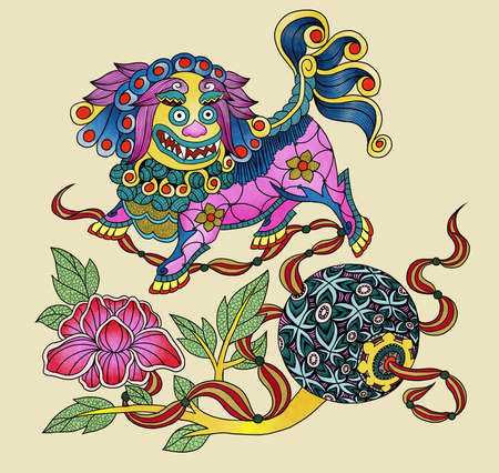Llustration of traditional Chinese Pattern and Drawing "Lion with silk balls"の写真素材