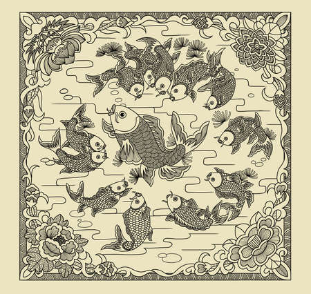 Illustration of traditional Chinese Pattern and Drawing "May you always get more than you wish for'の写真素材