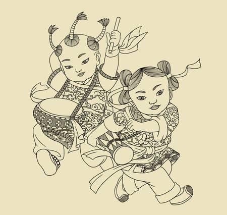 Illustration of traditional Chinese Pattern and Drawing -Fengyang Flower Drumの写真素材