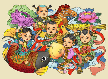 Illustration of traditional Chinese Pattern and Drawing "Successive harvest'の写真素材