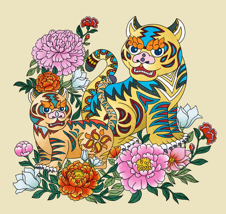 Illustration of tigers using chinese traditional elementsの写真素材