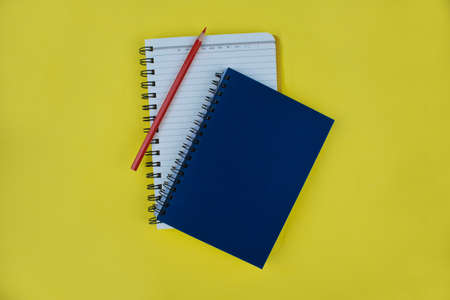 two diaries before a yellow paper background with a red pencil crayon top of one of themの写真素材