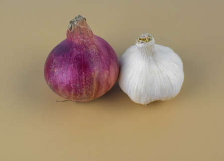 A medium size red onion and a medium size white colored garlic placed beside one another in front a...