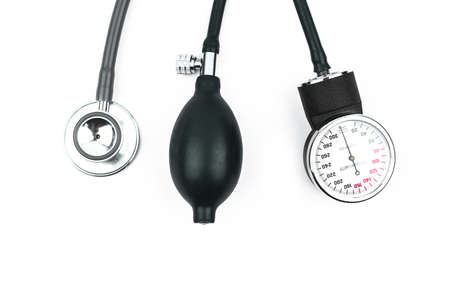 three different essential part of a blood pressure measuring machine on an isolated white backgroundの写真素材