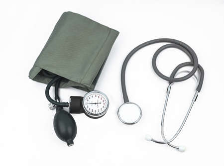 Close up of medical equipment to measure someones blood pressure placed on an isolated white...