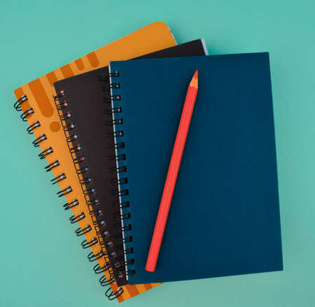 Pink color wood pencil crayon placed on top of three different color paper diary