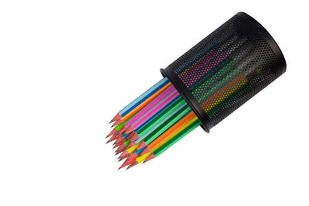 Seven different colored wood pencil crayon placed on a white paper background