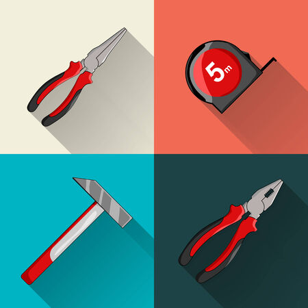 Hammer, pliers, tape-measure. Color flat vector illustration.のイラスト素材