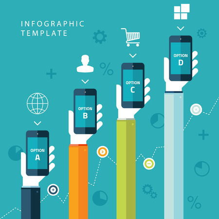 Info graphic template with hands holding phones for marketing plan, sales chart on blue background.のイラスト素材