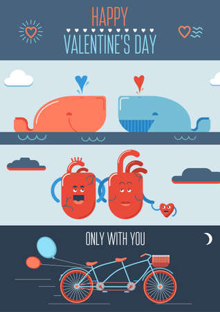 Valentine poster with hearts, bicycle and whales.のイラスト素材