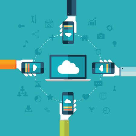 Cloud computing. Laptop and hands holding phones vector illustration.のイラスト素材