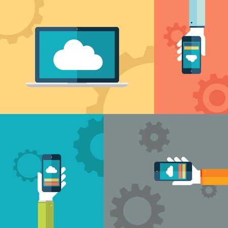 Cloud computing flat design vector illustration with human hands holding smartphones.のイラスト素材