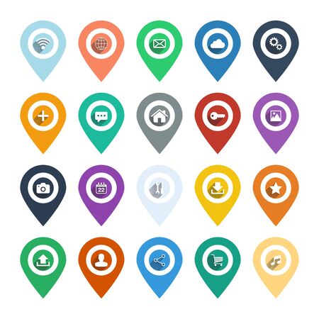Set of isolated color pointers and markers for map and plan with web icons.のイラスト素材