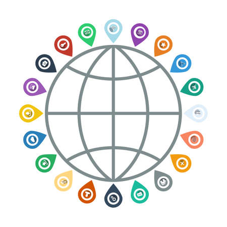 Set of isolated color pointers and markers for map and plan with web icons.のイラスト素材