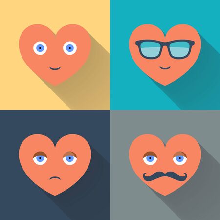 Hearts with sunglasses, eyes, mustache and smile. Design color flat vector illustration with long shadow.のイラスト素材