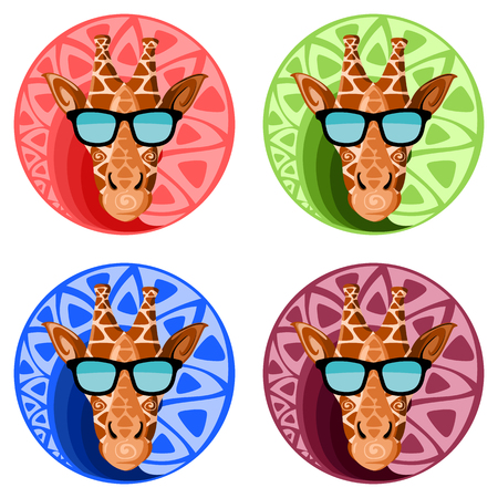 Giraffes heads with sunglasses on color background.のイラスト素材