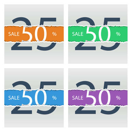Set of sale posters with percent discount. Torn paper.のイラスト素材