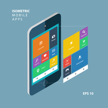 Isometric smartphone with an interface elements. Isometric mobile apps concept. Flat design modern vector illustration.のイラスト素材