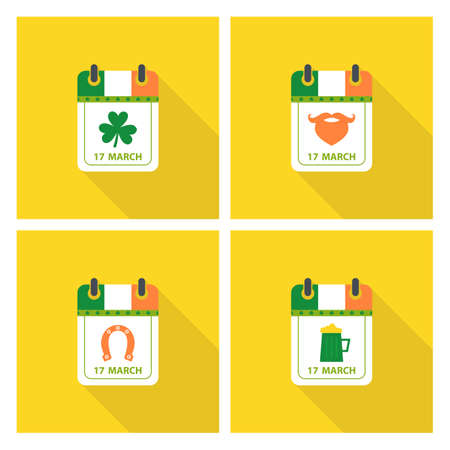 Set of Saint Patrick's day flat calendar icons with long shadow. Clover, beard, horseshoe, beer.のイラスト素材