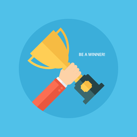 Male hand holding winner's cup. Winner trophy awards. Trophy cup flat icon. Winner cup illustration.のイラスト素材