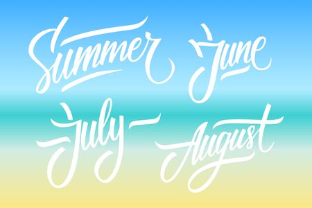 Summer. June, July, August. Summer months lettering. Calligraphic season inscription. Vector handwritten typography.のイラスト素材