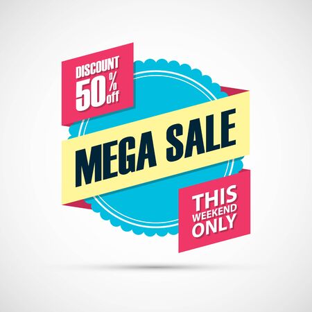 Mega Sale, this weekend special offer banner, discount 50% off. Vector illustration.のイラスト素材