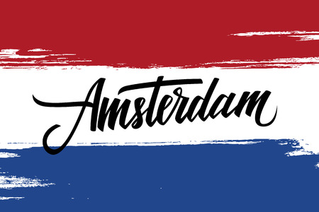 inscription Amsterdam and brush strokes in colors of the national flag of Netherlands.  lettering. Calligraphic element for your design. illustration.のイラスト素材