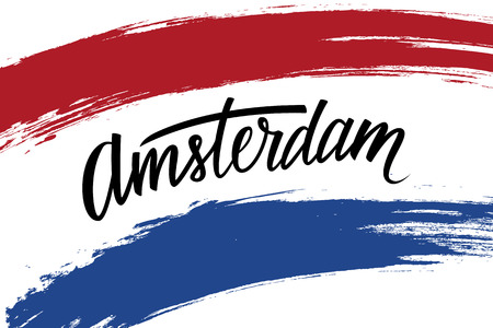 inscription Amsterdam and brush strokes in colors of the national flag of Netherlands.  lettering. Calligraphic element for your design. illustration.のイラスト素材