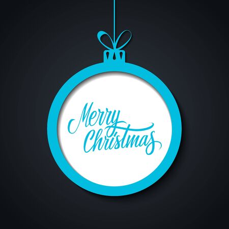 Merry Christmas greeting card with handwritten text design and christmas ball. Holiday hand drawn lettering. Vector illustration.のイラスト素材