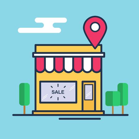 Shop icon with map pin. Flat design vector illustration.のイラスト素材