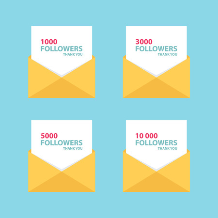 Thank you letters, emails or messages for network friends and followers. Set of card templates for social networks, promotion and advertising. Flat style vector Illustration.のイラスト素材