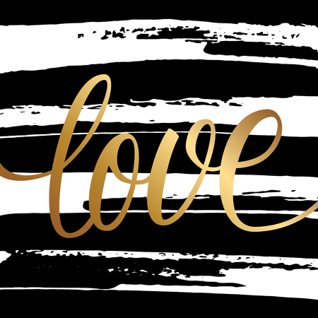 Handwritten gold colored word Love. Creative lettering design card template for romantic greetings with brush stroke background. Vector illustration.のイラスト素材