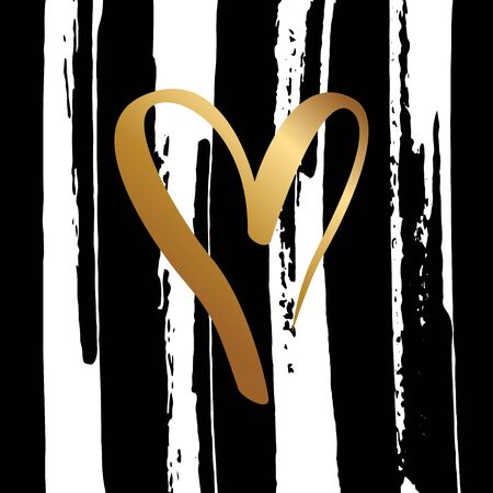 Hand drawn Heart symbol. Creative card template for romantic greetings with brush stroke background. Gold and black colors. Vector illustration.のイラスト素材