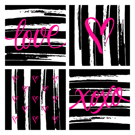 Cute cards with hand drawn elements and lettering text design for romantic greetings and invitations with brush stroke illustration.のイラスト素材