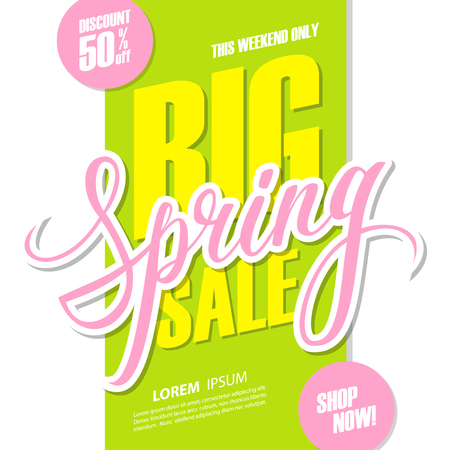 Big Spring Sale. Special offer banner with handwritten element, discount up to 50% off. This weekend only. Shop now!のイラスト素材