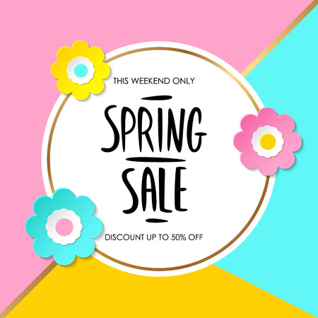 Spring Sale special offer sign with handwritten text design and color flowers for business, promotion and advertising. Vector illustration.のイラスト素材